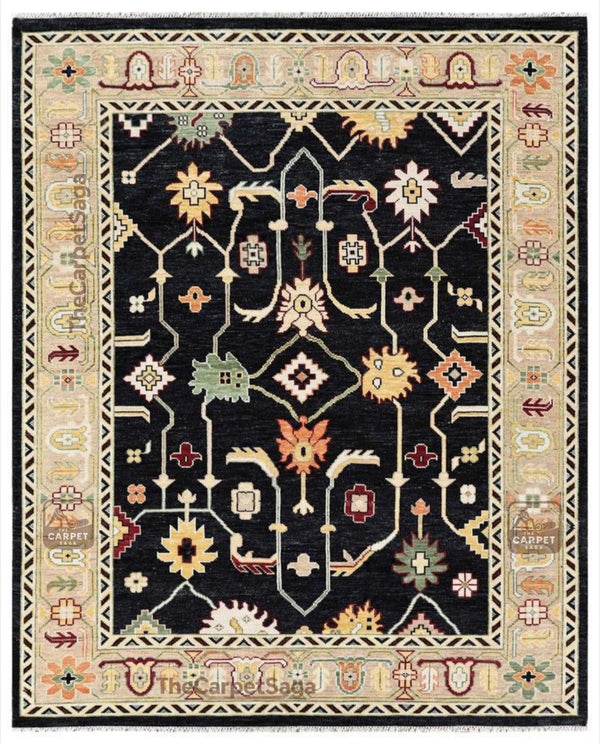 8x10 Jet Black and Ivory Gold Oushak Hand Knotted All-Over Geometric Floral Lattice Tribal Multicolour Wool Area Rug