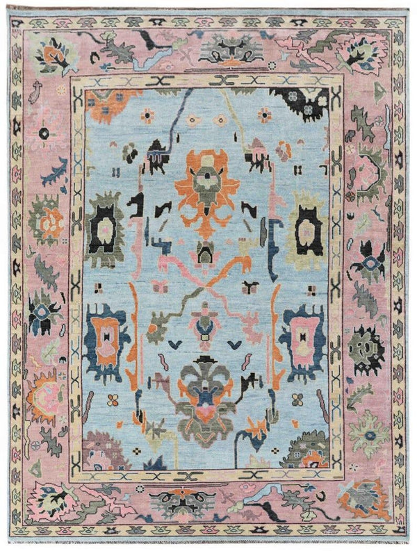 Ice Blue and Blush Pink 8x10 Hand Knotted Oushak Vibrant Angular Floral Scatter Multicolour Wool Area Rug