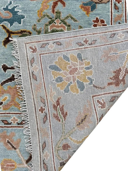 Hand Knotted Vibrant Colorful Oushak Steel Blue Multicolour 8x10 Traditional Floral Wool Area Rug