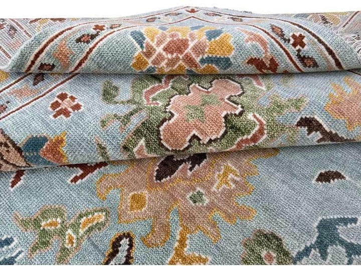 Hand Knotted Vibrant Colorful Oushak Steel Blue Multicolour 8x10 Traditional Floral Wool Area Rug