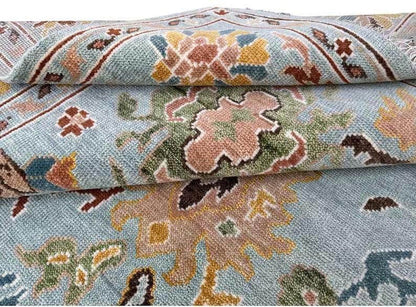 Hand Knotted Vibrant Colorful Oushak Steel Blue Multicolour 8x10 Traditional Floral Wool Area Rug