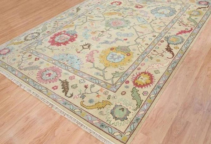 Vibrant Colorful Ivory and Cream 8x10 Hand Knotted Traditional Oushak Multicolour Floral Wool Area Rug