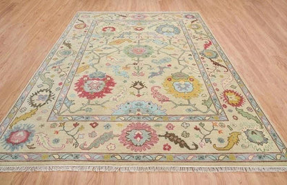 Vibrant Colorful Ivory and Cream 8x10 Hand Knotted Traditional Oushak Multicolour Floral Wool Area Rug