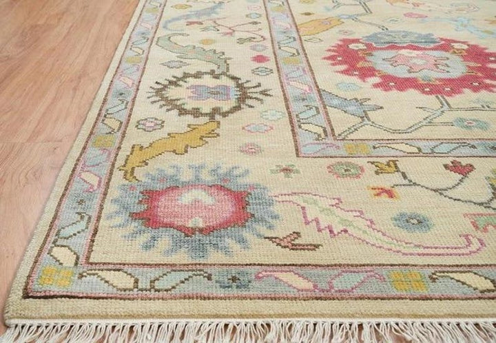 Vibrant Colorful Ivory and Cream 8x10 Hand Knotted Traditional Oushak Multicolour Floral Wool Area Rug