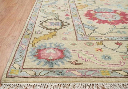 Vibrant Colorful Ivory and Cream 8x10 Hand Knotted Traditional Oushak Multicolour Floral Wool Area Rug