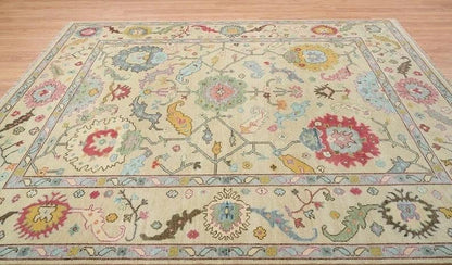 Vibrant Colorful Ivory and Cream 8x10 Hand Knotted Traditional Oushak Multicolour Floral Wool Area Rug