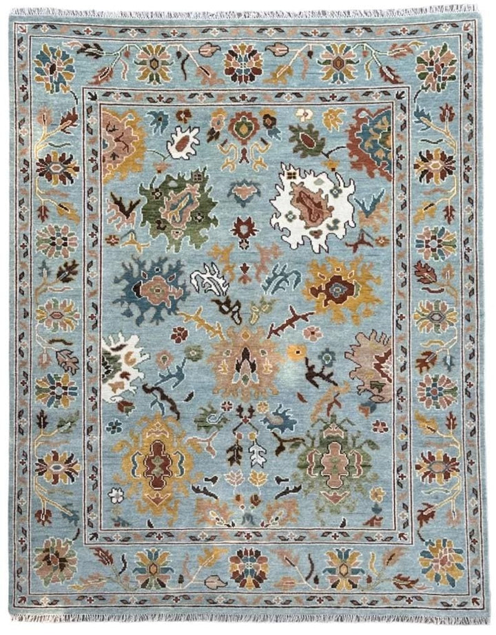 Hand Knotted Vibrant Colorful Oushak Steel Blue Multicolour 8x10 Traditional Floral Wool Area Rug