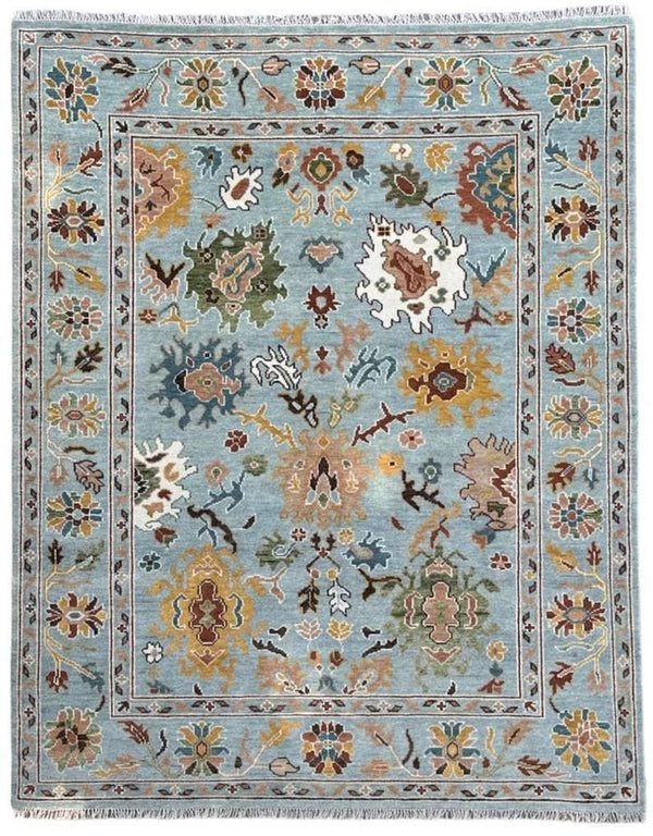 Hand Knotted Vibrant Colorful Oushak Steel Blue Multicolour 8x10 Traditional Floral Wool Area Rug