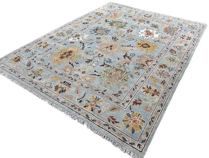 Hand Knotted Vibrant Colorful Oushak Steel Blue Multicolour 8x10 Traditional Floral Wool Area Rug