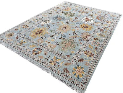 Hand Knotted Vibrant Colorful Oushak Steel Blue Multicolour 8x10 Traditional Floral Wool Area Rug
