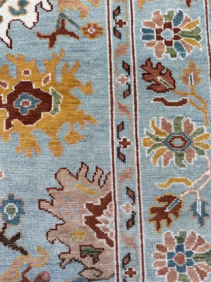 Hand Knotted Vibrant Colorful Oushak Steel Blue Multicolour 8x10 Traditional Floral Wool Area Rug