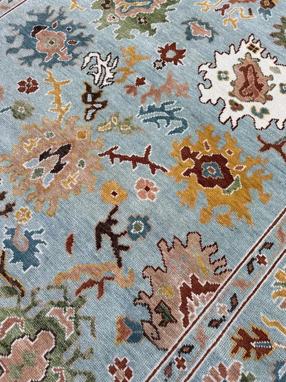 Hand Knotted Vibrant Colorful Oushak Steel Blue Multicolour 8x10 Traditional Floral Wool Area Rug