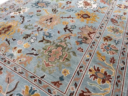 Hand Knotted Vibrant Colorful Oushak Steel Blue Multicolour 8x10 Traditional Floral Wool Area Rug