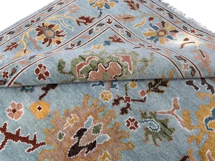 Hand Knotted Vibrant Colorful Oushak Steel Blue Multicolour 8x10 Traditional Floral Wool Area Rug