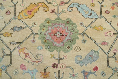 Vibrant Colorful Ivory and Cream 8x10 Hand Knotted Traditional Oushak Multicolour Floral Wool Area Rug