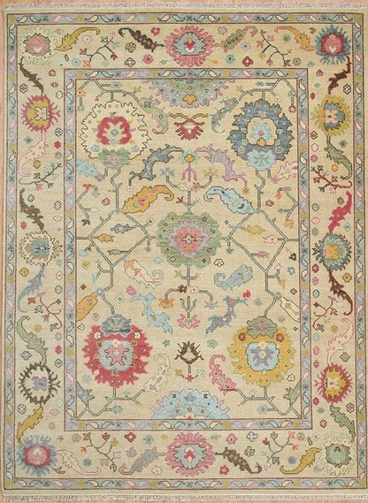 Vibrant Colorful Ivory and Cream 8x10 Hand Knotted Traditional Oushak Multicolour Floral Wool Area Rug