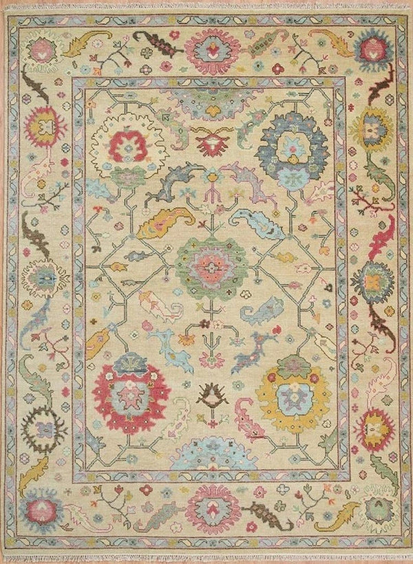 Vibrant Colorful Ivory and Cream 8x10 Hand Knotted Traditional Oushak Multicolour Floral Wool Area Rug