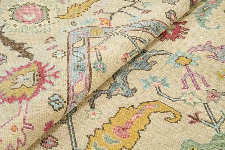Vibrant Colorful Ivory and Cream 8x10 Hand Knotted Traditional Oushak Multicolour Floral Wool Area Rug