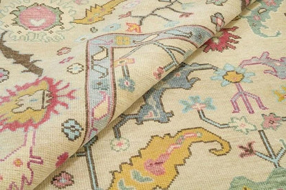 Vibrant Colorful Ivory and Cream 8x10 Hand Knotted Traditional Oushak Multicolour Floral Wool Area Rug