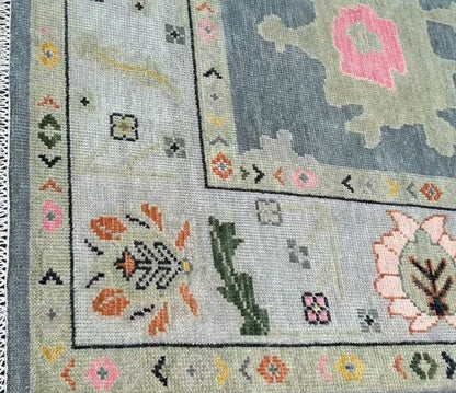 Slate Blue and Sage 8x10 Hand Knotted Vibrant Colorful Oushak Large Floral Wool Area Rug