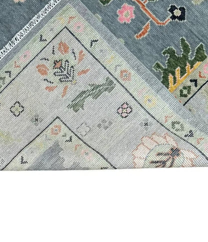 Slate Blue and Sage 8x10 Hand Knotted Vibrant Colorful Oushak Large Floral Wool Area Rug