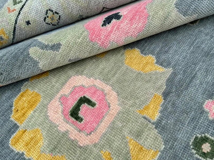 Slate Blue and Sage 8x10 Hand Knotted Vibrant Colorful Oushak Large Floral Wool Area Rug