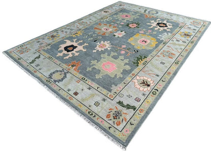Slate Blue and Sage 8x10 Hand Knotted Vibrant Colorful Oushak Large Floral Wool Area Rug