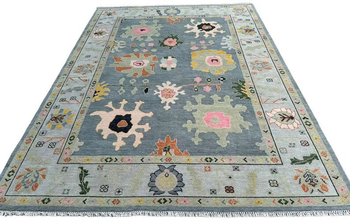 Slate Blue and Sage 8x10 Hand Knotted Vibrant Colorful Oushak Large Floral Wool Area Rug