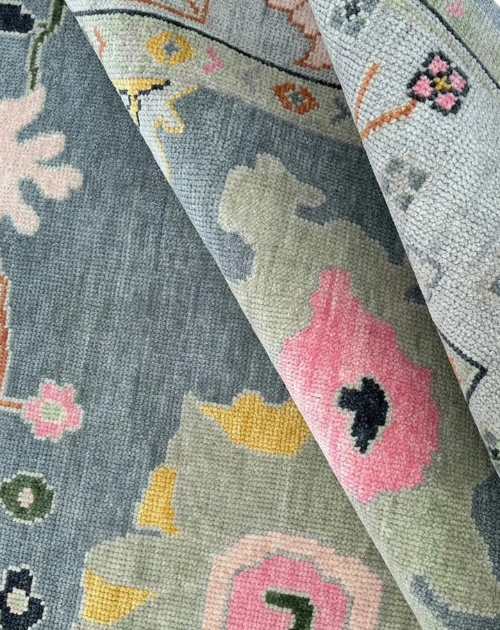 Slate Blue and Sage 8x10 Hand Knotted Vibrant Colorful Oushak Large Floral Wool Area Rug