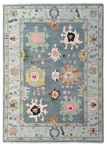Slate Blue and Sage 8x10 Hand Knotted Vibrant Colorful Oushak Large Floral Wool Area Rug