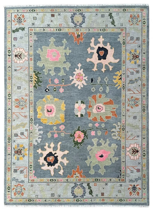 Slate Blue and Sage 8x10 Hand Knotted Vibrant Colorful Oushak Large Floral Wool Area Rug