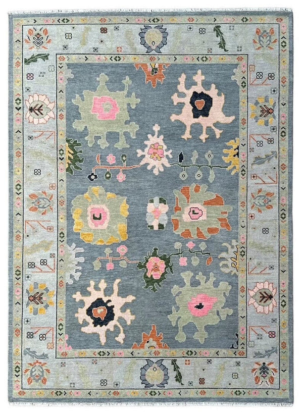Slate Blue and Sage 8x10 Hand Knotted Vibrant Colorful Oushak Large Floral Wool Area Rug