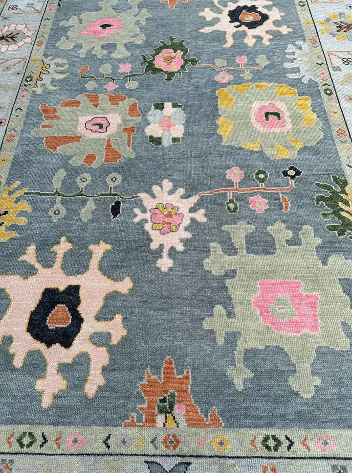 Slate Blue and Sage 8x10 Hand Knotted Vibrant Colorful Oushak Large Floral Wool Area Rug