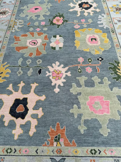 Slate Blue and Sage 8x10 Hand Knotted Vibrant Colorful Oushak Large Floral Wool Area Rug