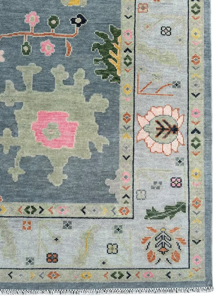 Slate Blue and Sage 8x10 Hand Knotted Vibrant Colorful Oushak Large Floral Wool Area Rug