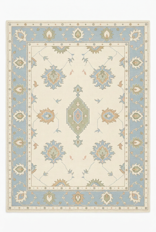 Ivory and Light Blue Floral Medallion Sage Green Traditional Hand Tufted Custom Made Wool Area Rug