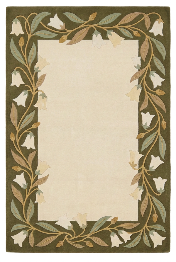 Ivory and Olive Green Open Floral Vine Border Hand Tufted Custom Made Wool Area Rug