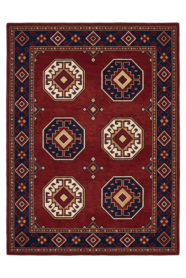 Red Navy and Ivory Octagonal Medallion Tribal Inspired Hand Tufted Custom Made Wool Area Rug
