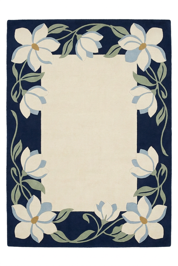 Magnolia Floral Border Ivory and Navy Custom Made Hand Tufted Wool Area Rug