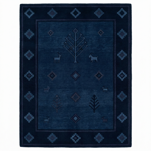 Navy and Slate Blue Gabbeh Inspired Tree and Animal Custom Made Hand Tufted Wool Area Rug