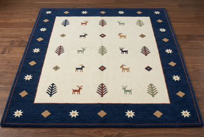 Navy-border Gabbeh rug front angle