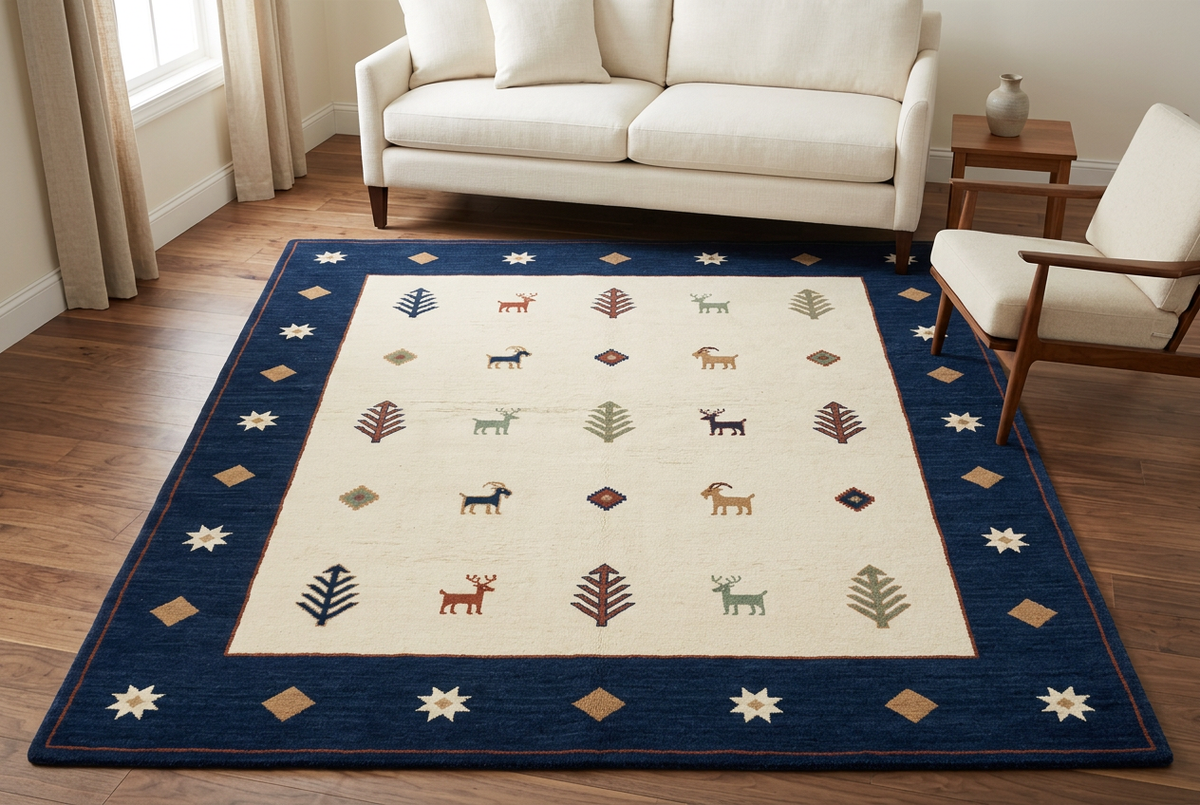 Navy-border Gabbeh rug living-room concept