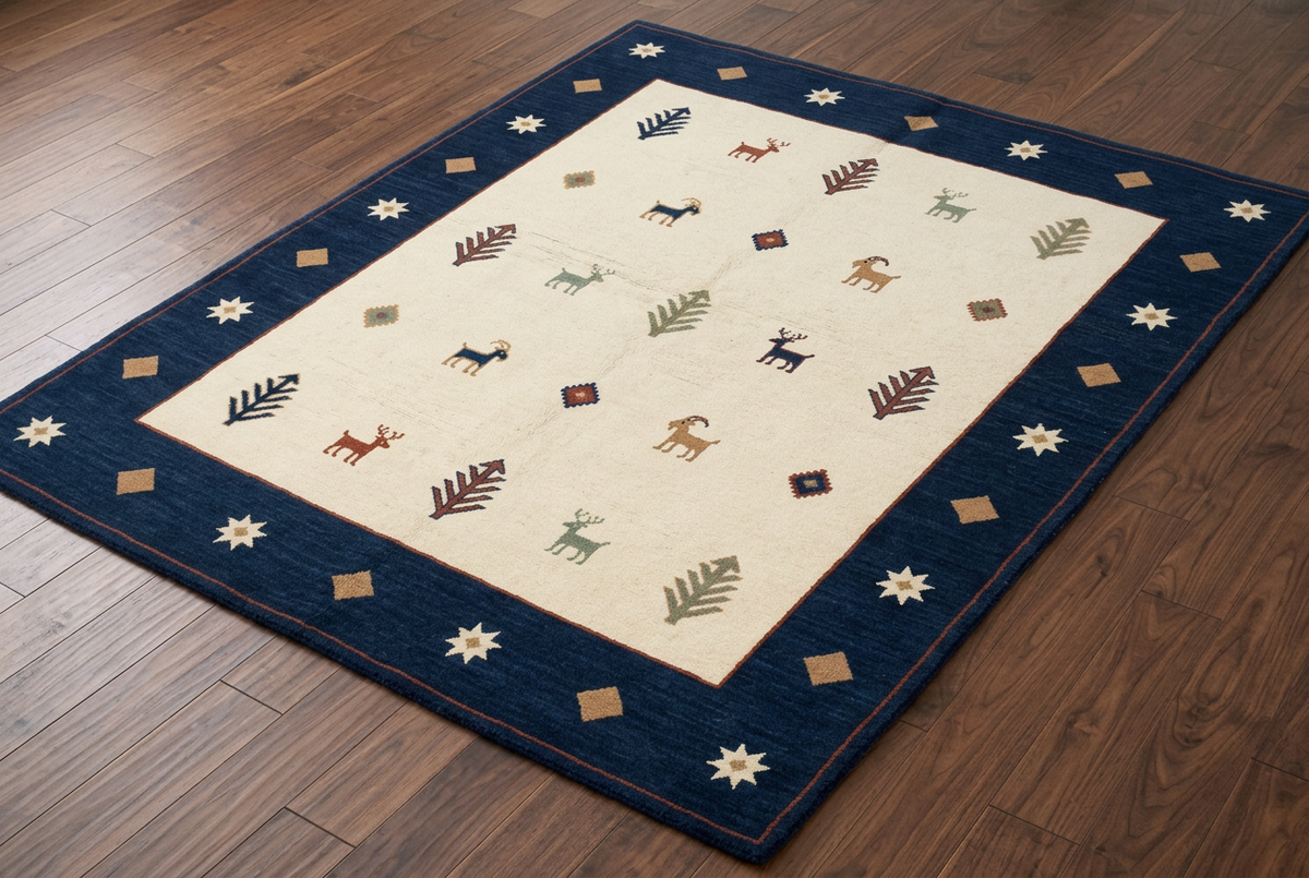 Navy-border Gabbeh rug opposite-end view