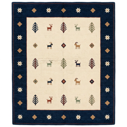 Navy-border Gabbeh rug overhead view