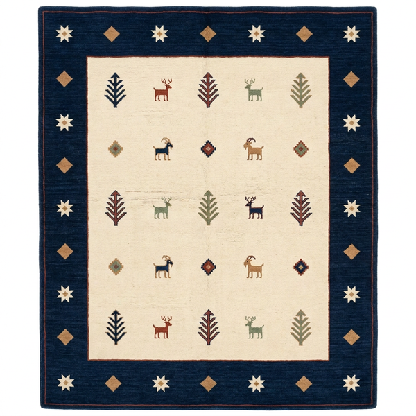 Ivory and Navy Gabbeh Inspired Tree and Animal Hand Tufted Custom Made Wool Area Rug
