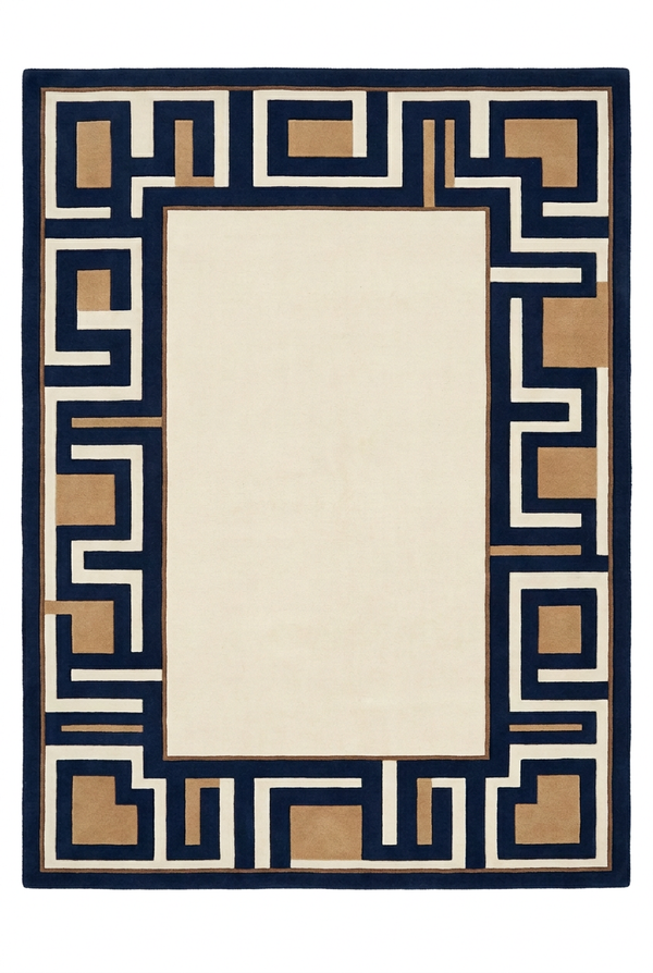 Geometric Maze Border Ivory Navy and Tan Hand Tufted Custom Made Wool Area Rug