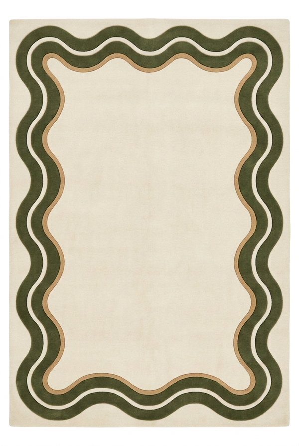 Hand Tufted Ivory and Olive Green Wavy Contour Border Tan Custom Made Wool Area Rug