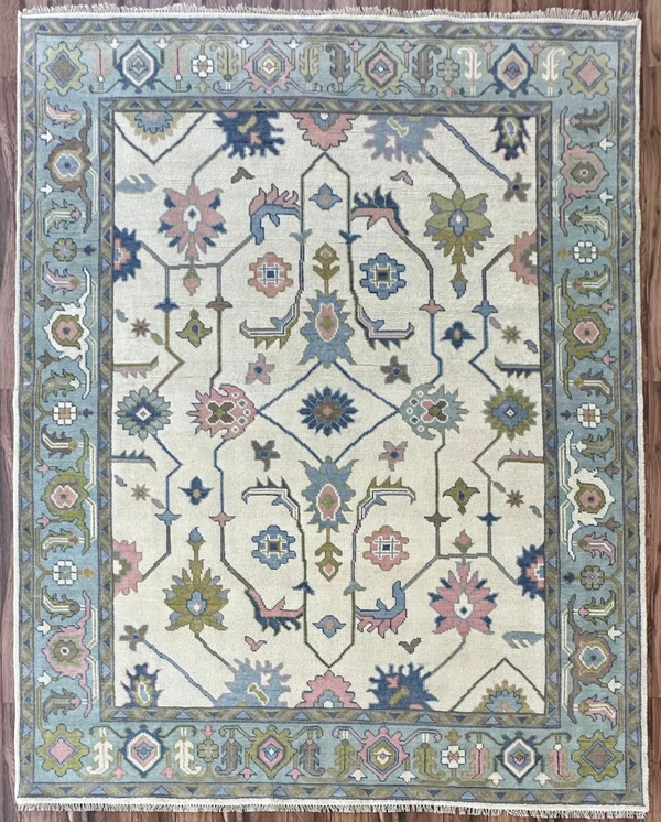 All-Over Geometric Diamond Lattice Oushak Ivory and Grey Blue Soft Multicolour Traditional 8x10 Hand Knotted Wool Area Rug