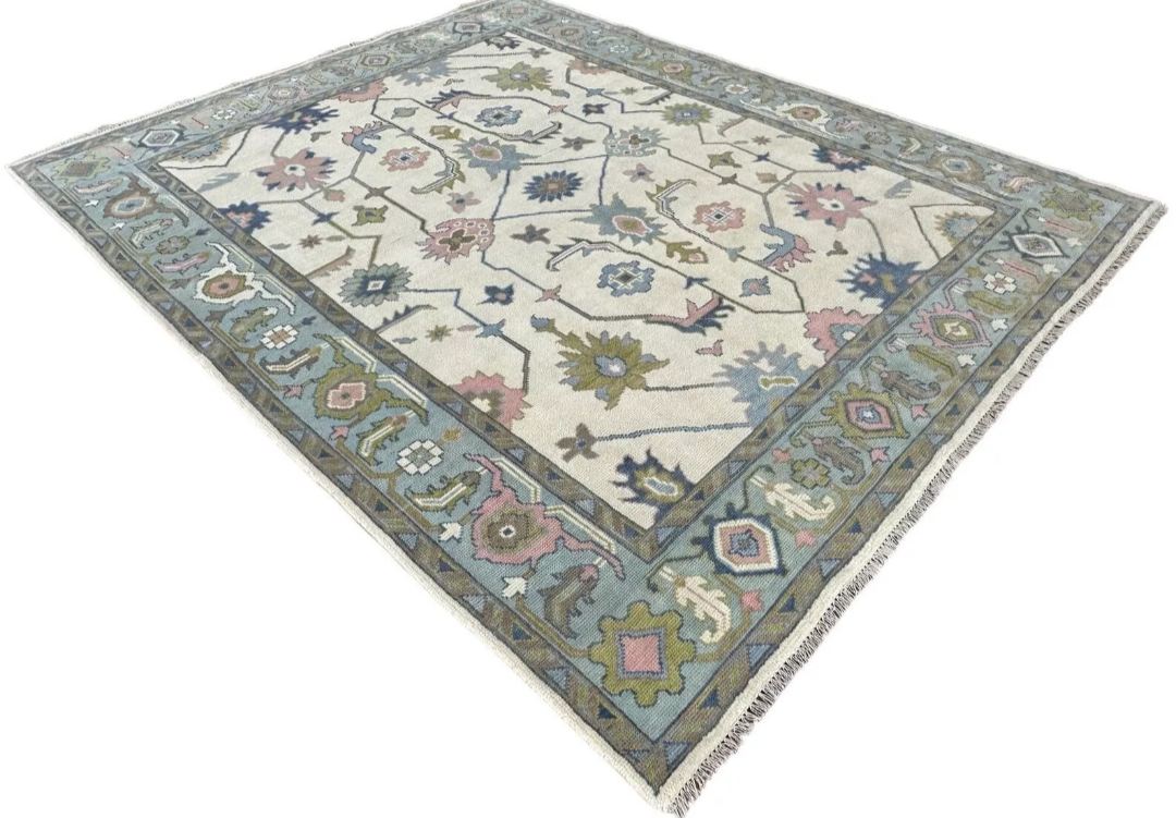 All-Over Geometric Diamond Lattice Oushak Ivory and Grey Blue Soft Multicolour Traditional 8x10 Hand Knotted Wool Area Rug