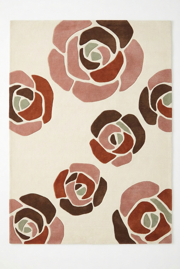 Oversized Abstract Rose Ivory Dusty Rose Rust and Brown Hand Tufted Custom Made Wool Area Rug